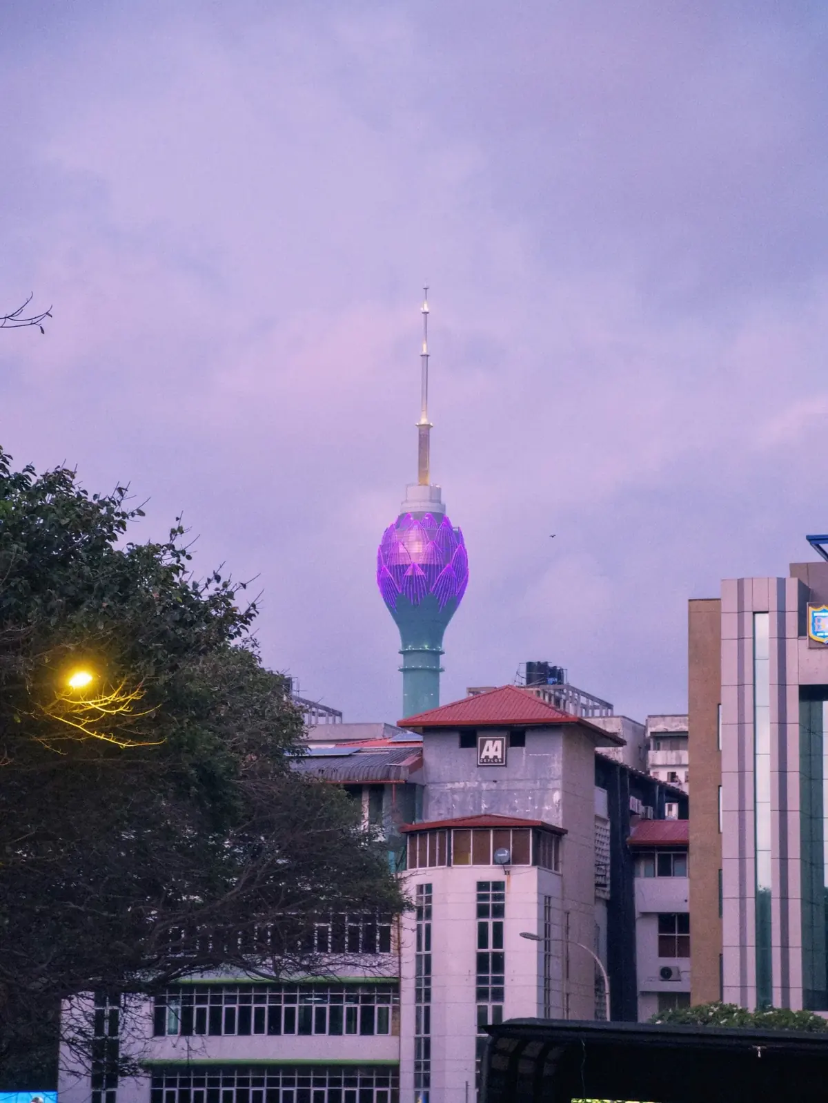 Lotus Tower rising over buildings in Colombo