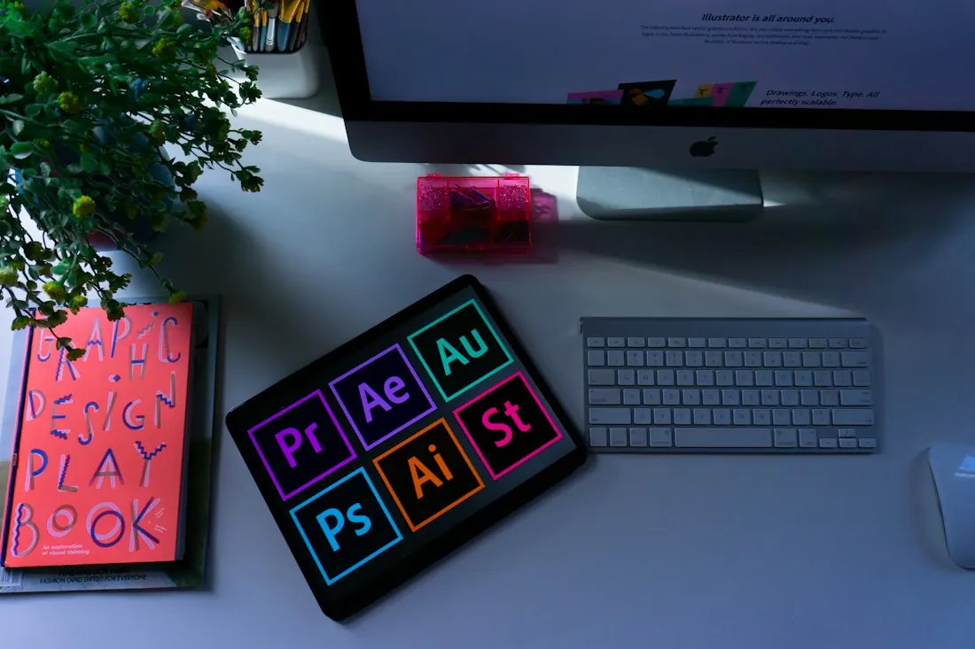 Designer's desk with a tablet showing creative software icons