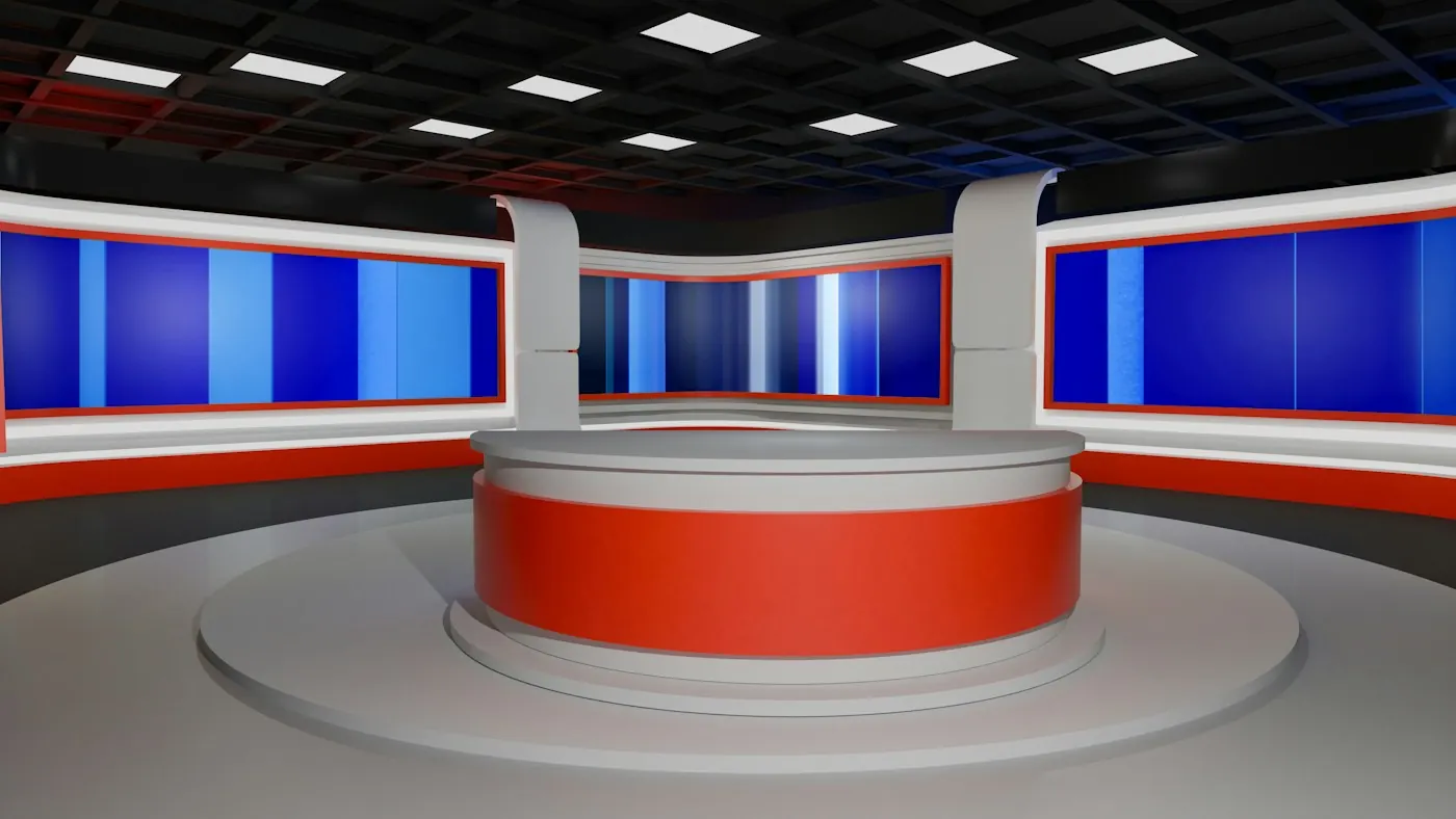 News studio set with a red anchor desk