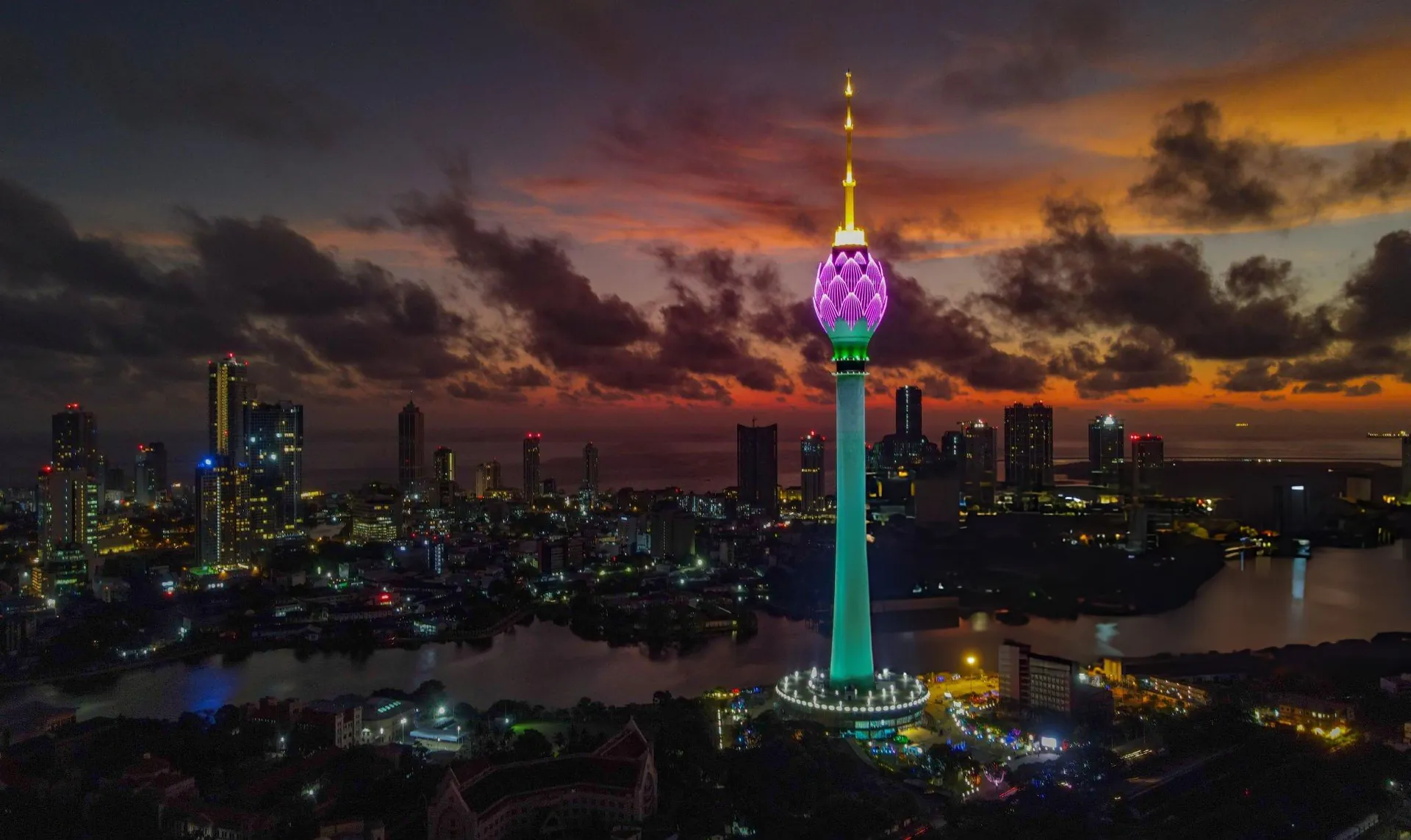 The Colombo skyline at dusk, with the Lotus Tower lit up