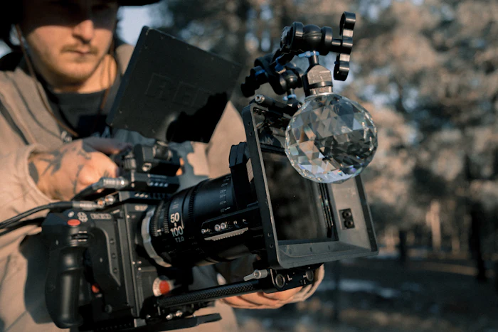 Camera operator carrying a video camera