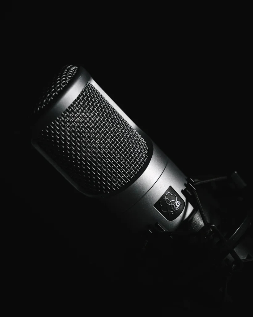 Podcast microphone in a dark studio
