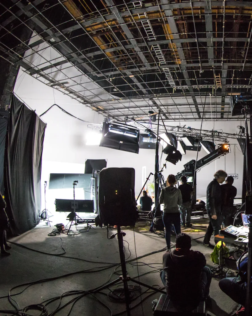 Film soundstage with lights and a camera rig